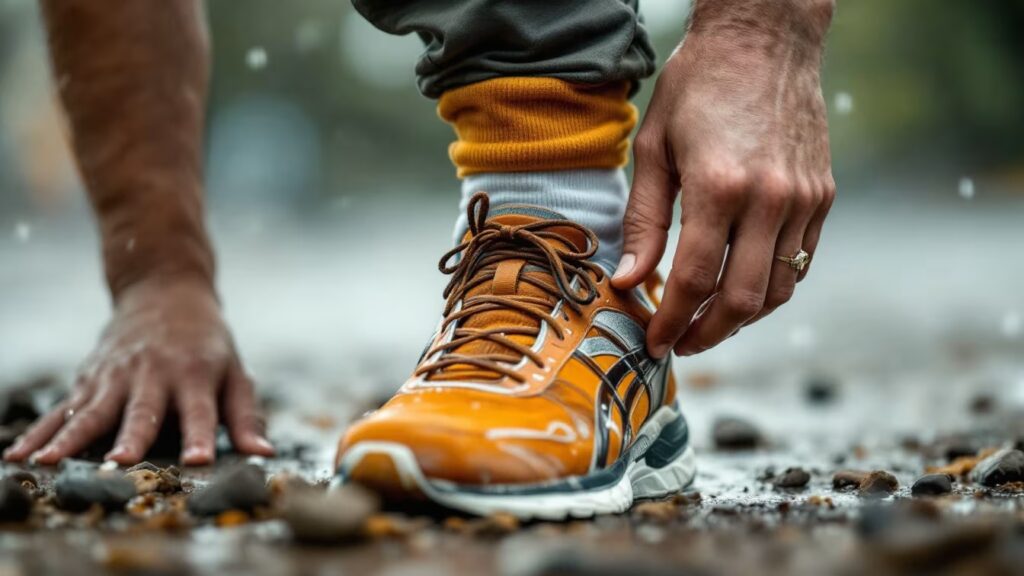Un coureur examine une chaussure, une chaussette humide et des rubans usés posés au sol.